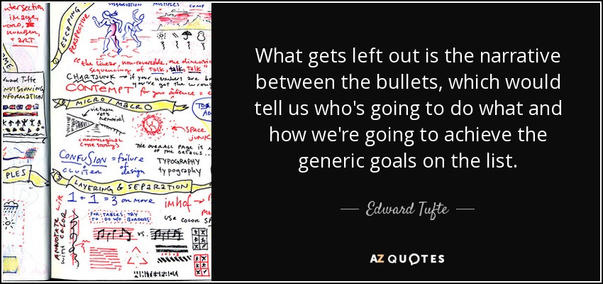 What gets left out is the narrative between the bullets, which would tell us who's going to do what and how we're going to achieve the generic goals on the list. - Edward Tufte