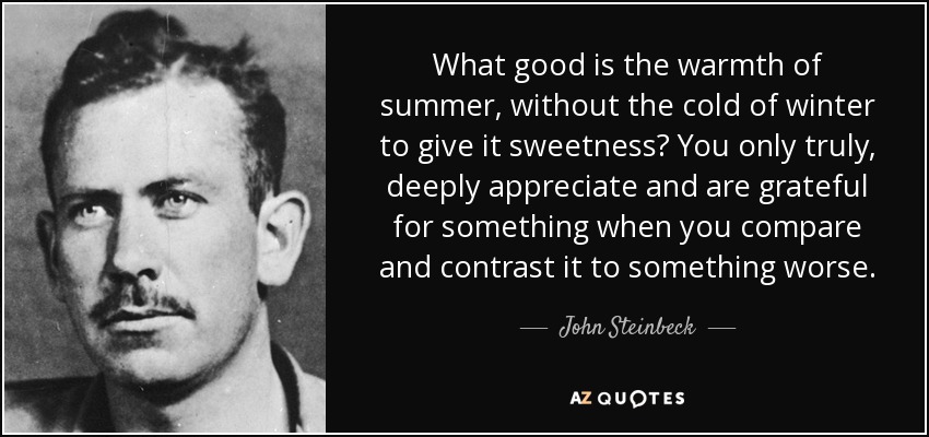 What good is the warmth of summer, without the cold of winter to give it sweetness? You only truly, deeply appreciate and are grateful for something when you compare and contrast it to something worse. - John Steinbeck