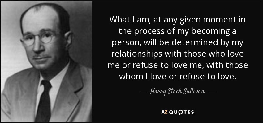 What I am, at any given moment in the process of my becoming a person, will be determined by my relationships with those who love me or refuse to love me, with those whom I love or refuse to love. - Harry Stack Sullivan