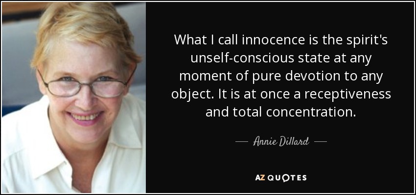What I call innocence is the spirit's unself-conscious state at any moment of pure devotion to any object. It is at once a receptiveness and total concentration. - Annie Dillard