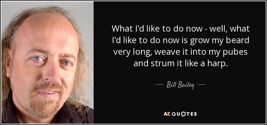What I'd like to do now - well, what I'd like to do now is grow my beard very long, weave it into my pubes and strum it like a harp. - Bill Bailey