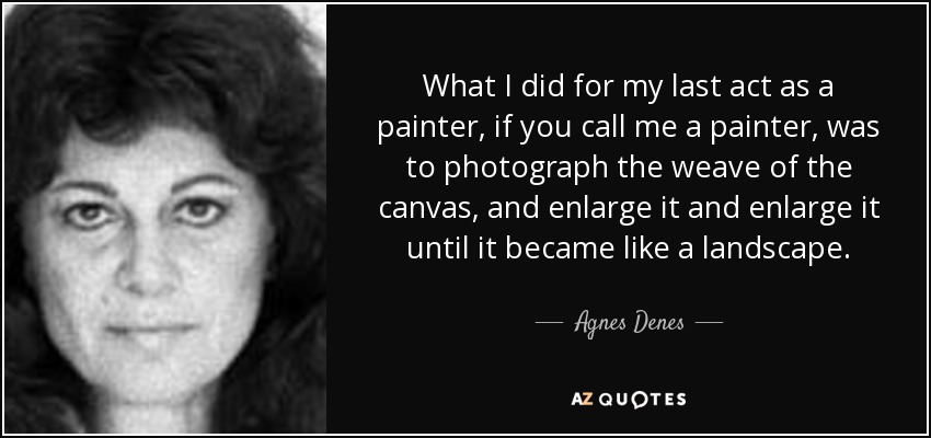 What I did for my last act as a painter, if you call me a painter, was to photograph the weave of the canvas, and enlarge it and enlarge it until it became like a landscape. - Agnes Denes