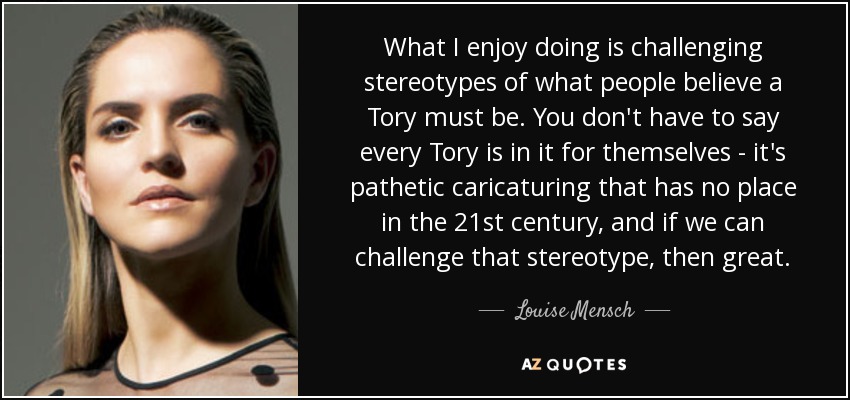 What I enjoy doing is challenging stereotypes of what people believe a Tory must be. You don't have to say every Tory is in it for themselves - it's pathetic caricaturing that has no place in the 21st century, and if we can challenge that stereotype, then great. - Louise Mensch