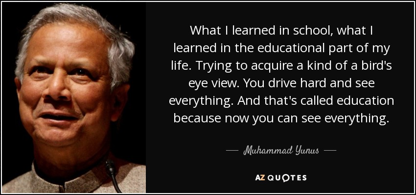 What I learned in school, what I learned in the educational part of my life. Trying to acquire a kind of a bird's eye view. You drive hard and see everything. And that's called education because now you can see everything. - Muhammad Yunus