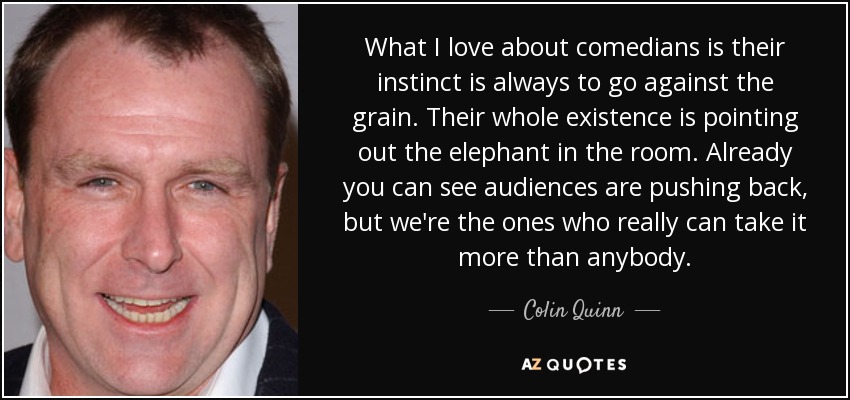 What I love about comedians is their instinct is always to go against the grain. Their whole existence is pointing out the elephant in the room. Already you can see audiences are pushing back, but we're the ones who really can take it more than anybody. - Colin Quinn