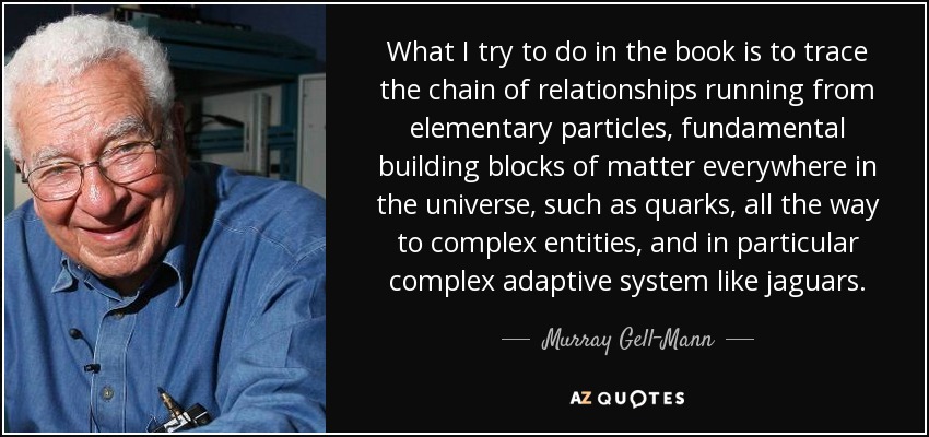 What I try to do in the book is to trace the chain of relationships running from elementary particles, fundamental building blocks of matter everywhere in the universe, such as quarks, all the way to complex entities, and in particular complex adaptive system like jaguars. - Murray Gell-Mann