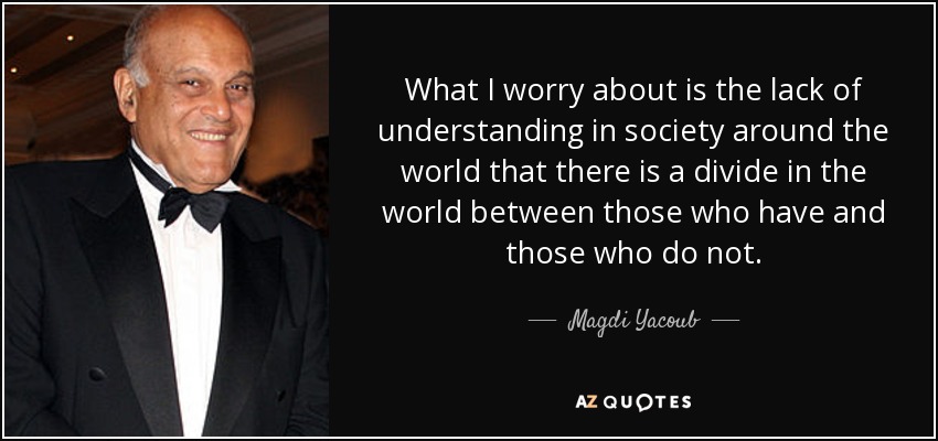 What I worry about is the lack of understanding in society around the world that there is a divide in the world between those who have and those who do not. - Magdi Yacoub