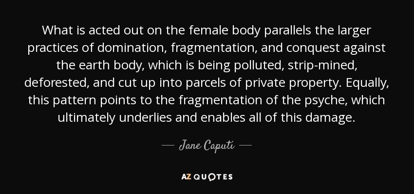 What is acted out on the female body parallels the larger practices of domination, fragmentation, and conquest against the earth body, which is being polluted, strip-mined, deforested, and cut up into parcels of private property. Equally, this pattern points to the fragmentation of the psyche, which ultimately underlies and enables all of this damage. - Jane Caputi