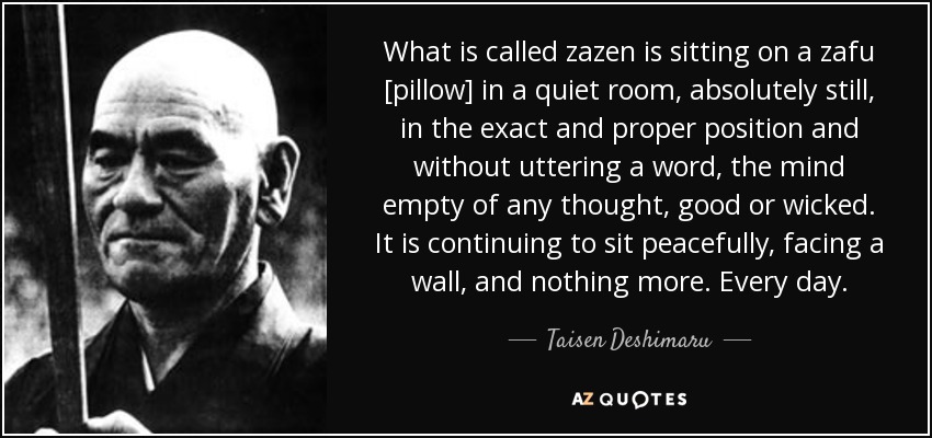 What is called zazen is sitting on a zafu [pillow] in a quiet room, absolutely still, in the exact and proper position and without uttering a word, the mind empty of any thought, good or wicked. It is continuing to sit peacefully, facing a wall, and nothing more. Every day. - Taisen Deshimaru