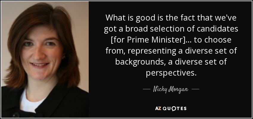 What is good is the fact that we've got a broad selection of candidates [for Prime Minister]... to choose from, representing a diverse set of backgrounds, a diverse set of perspectives. - Nicky Morgan