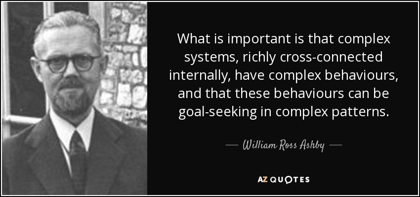 What is important is that complex systems, richly cross-connected internally, have complex behaviours, and that these behaviours can be goal-seeking in complex patterns. - William Ross Ashby