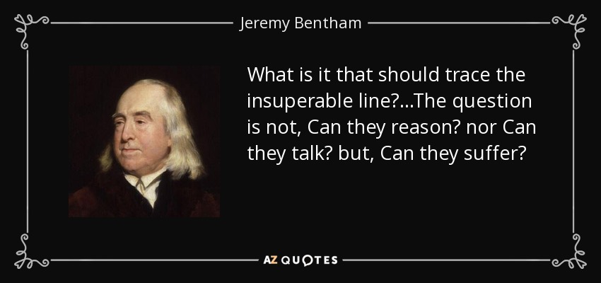 What is it that should trace the insuperable line? ...The question is not, Can they reason? nor Can they talk? but, Can they suffer? - Jeremy Bentham
