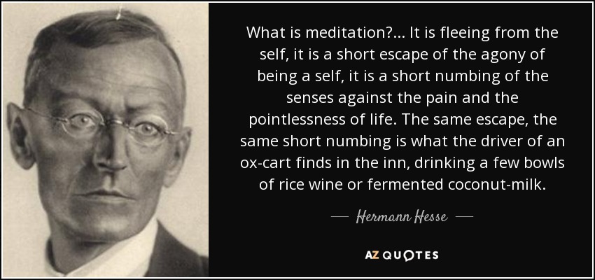 What is meditation?... It is fleeing from the self, it is a short escape of the agony of being a self, it is a short numbing of the senses against the pain and the pointlessness of life. The same escape, the same short numbing is what the driver of an ox-cart finds in the inn, drinking a few bowls of rice wine or fermented coconut-milk. - Hermann Hesse