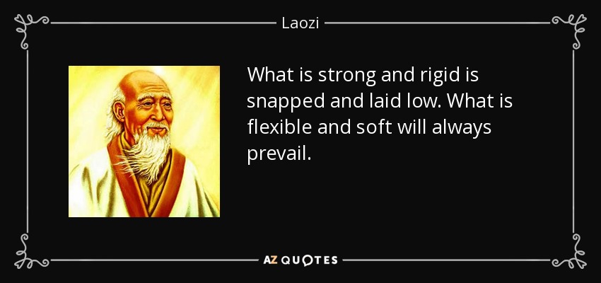 What is strong and rigid is snapped and laid low. What is flexible and soft will always prevail. - Laozi