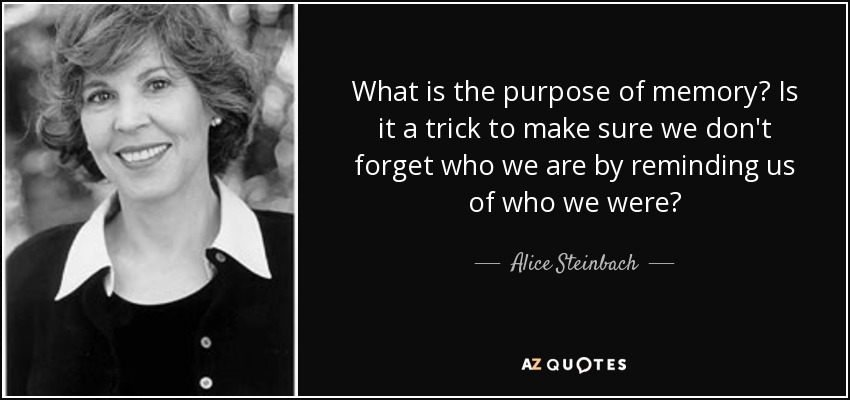 What is the purpose of memory? Is it a trick to make sure we don't forget who we are by reminding us of who we were? - Alice Steinbach