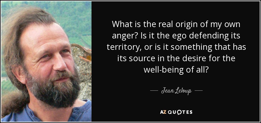 What is the real origin of my own anger? Is it the ego defending its territory, or is it something that has its source in the desire for the well-being of all? - Jean Leloup