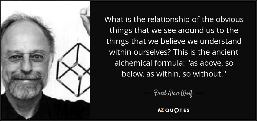 What is the relationship of the obvious things that we see around us to the things that we believe we understand within ourselves? This is the ancient alchemical formula: 