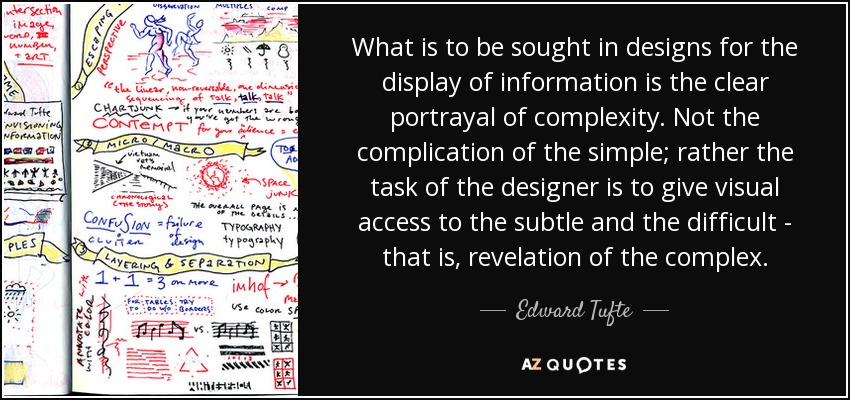 What is to be sought in designs for the display of information is the clear portrayal of complexity. Not the complication of the simple; rather the task of the designer is to give visual access to the subtle and the difficult - that is, revelation of the complex. - Edward Tufte