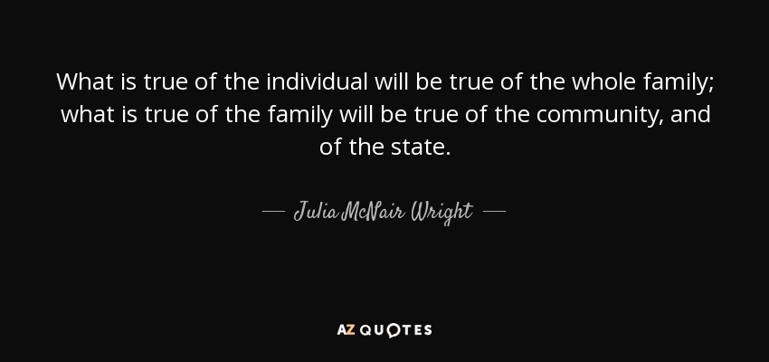 What is true of the individual will be true of the whole family; what is true of the family will be true of the community, and of the state. - Julia McNair Wright