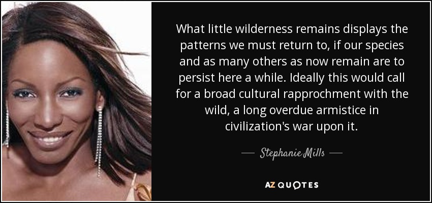 What little wilderness remains displays the patterns we must return to, if our species and as many others as now remain are to persist here a while. Ideally this would call for a broad cultural rapprochment with the wild, a long overdue armistice in civilization's war upon it. - Stephanie Mills