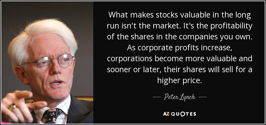 What makes stocks valuable in the long run isn't the market. It's the profitability of the shares in the companies you own. As corporate profits increase, corporations become more valuable and sooner or later, their shares will sell for a higher price. - Peter Lynch