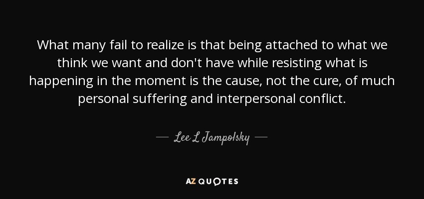 What many fail to realize is that being attached to what we think we want and don't have while resisting what is happening in the moment is the cause, not the cure, of much personal suffering and interpersonal conflict. - Lee L Jampolsky