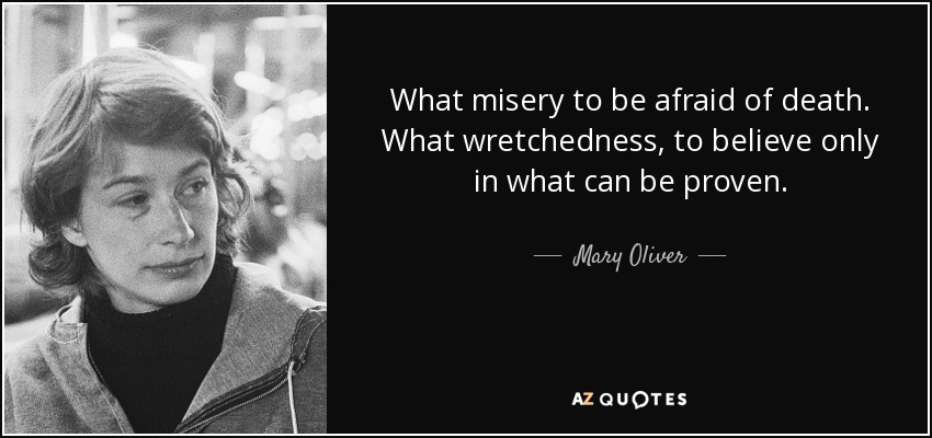 What misery to be afraid of death. What wretchedness, to believe only in what can be proven. - Mary Oliver
