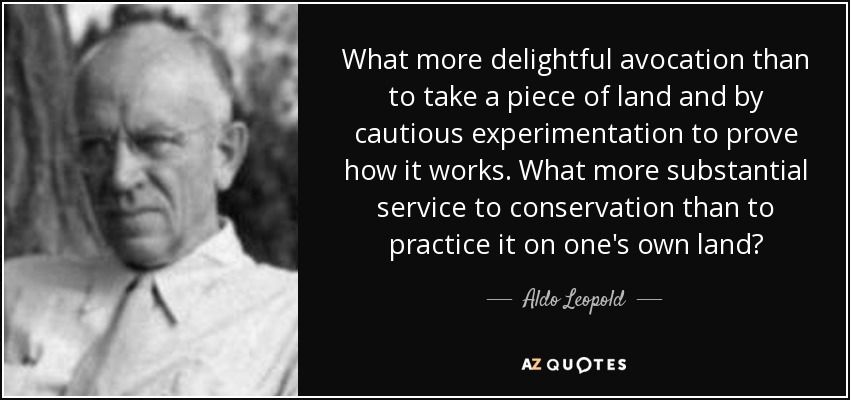 What more delightful avocation than to take a piece of land and by cautious experimentation to prove how it works. What more substantial service to conservation than to practice it on one's own land? - Aldo Leopold