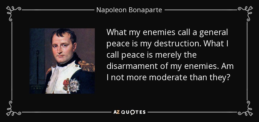 What my enemies call a general peace is my destruction. What I call peace is merely the disarmament of my enemies. Am I not more moderate than they? - Napoleon Bonaparte