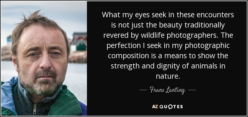 What my eyes seek in these encounters is not just the beauty traditionally revered by wildlife photographers. The perfection I seek in my photographic composition is a means to show the strength and dignity of animals in nature. - Frans Lanting