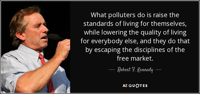 What polluters do is raise the standards of living for themselves, while lowering the quality of living for everybody else, and they do that by escaping the disciplines of the free market. - Robert F. Kennedy, Jr.