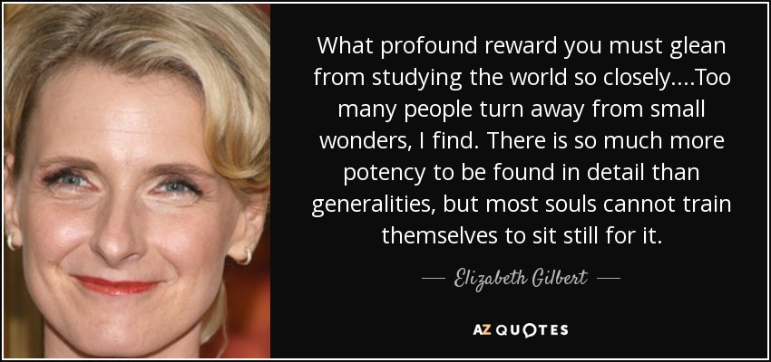 What profound reward you must glean from studying the world so closely....Too many people turn away from small wonders, I find. There is so much more potency to be found in detail than generalities, but most souls cannot train themselves to sit still for it. - Elizabeth Gilbert