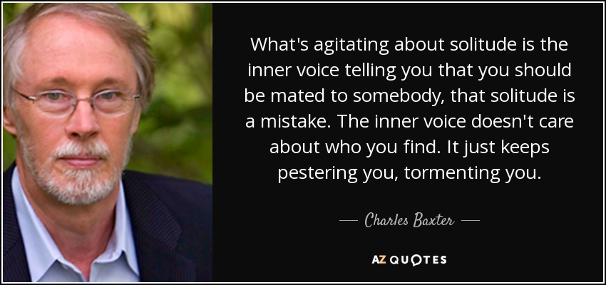 What's agitating about solitude is the inner voice telling you that you should be mated to somebody, that solitude is a mistake. The inner voice doesn't care about who you find. It just keeps pestering you, tormenting you. - Charles Baxter