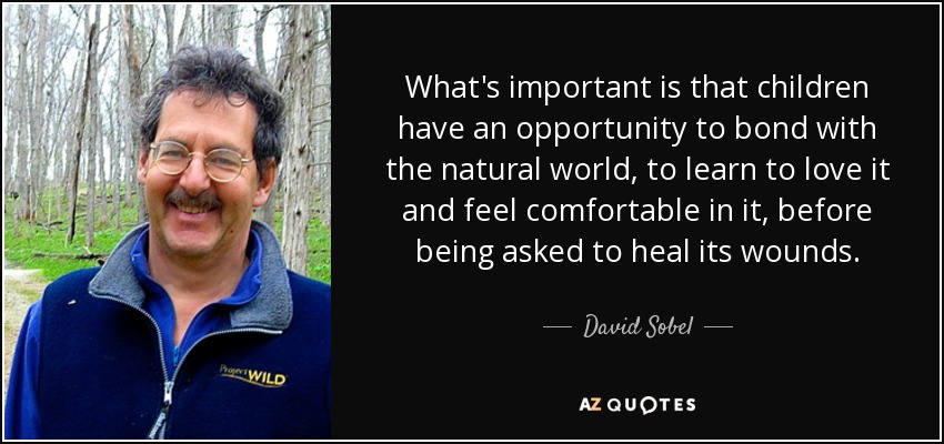 What's important is that children have an opportunity to bond with the natural world, to learn to love it and feel comfortable in it, before being asked to heal its wounds. - David Sobel