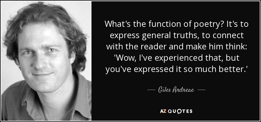 What's the function of poetry? It's to express general truths, to connect with the reader and make him think: 'Wow, I've experienced that, but you've expressed it so much better.' - Giles Andreae