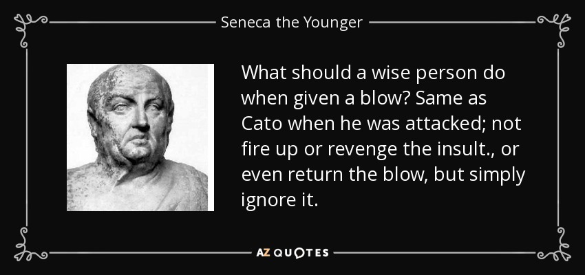 What should a wise person do when given a blow? Same as Cato when he was attacked; not fire up or revenge the insult., or even return the blow, but simply ignore it. - Seneca the Younger