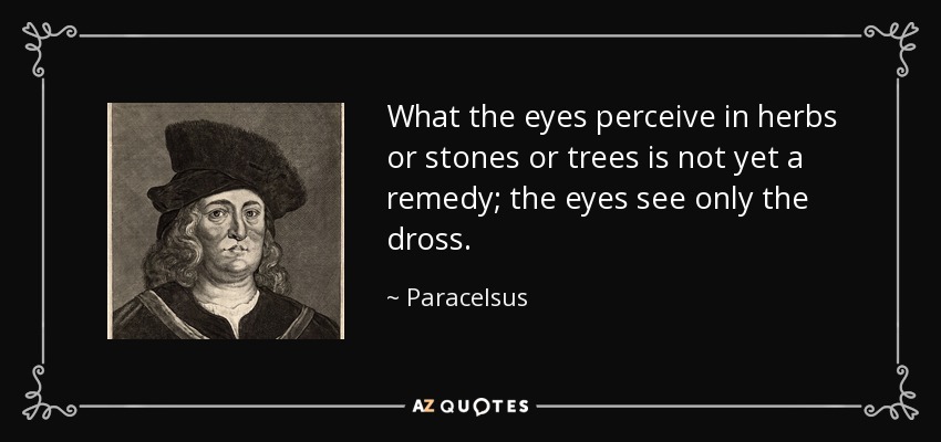 What the eyes perceive in herbs or stones or trees is not yet a remedy; the eyes see only the dross. - Paracelsus