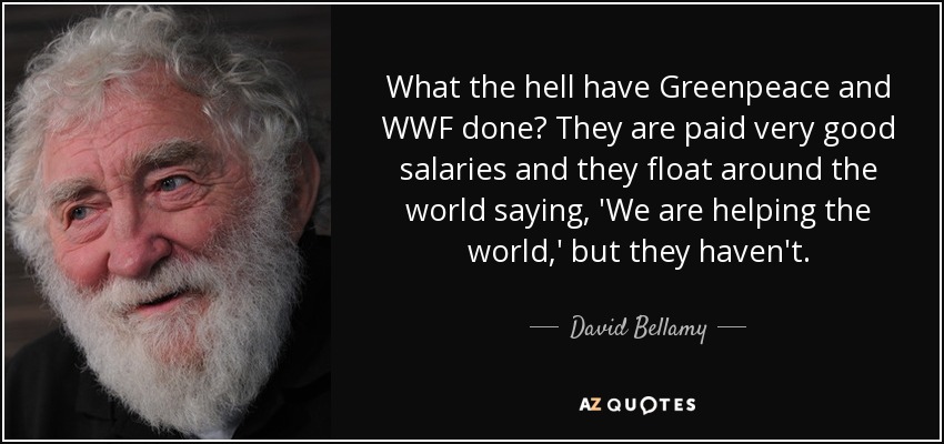 What the hell have Greenpeace and WWF done? They are paid very good salaries and they float around the world saying, 'We are helping the world,' but they haven't. - David Bellamy