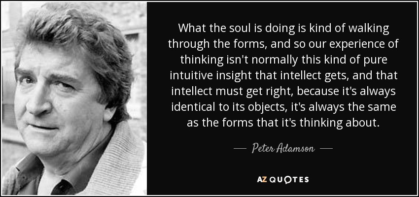 What the soul is doing is kind of walking through the forms, and so our experience of thinking isn't normally this kind of pure intuitive insight that intellect gets, and that intellect must get right, because it's always identical to its objects, it's always the same as the forms that it's thinking about. - Peter Adamson