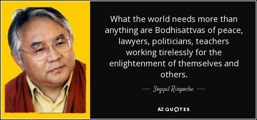 What the world needs more than anything are Bodhisattvas of peace, lawyers, politicians, teachers working tirelessly for the enlightenment of themselves and others. - Sogyal Rinpoche