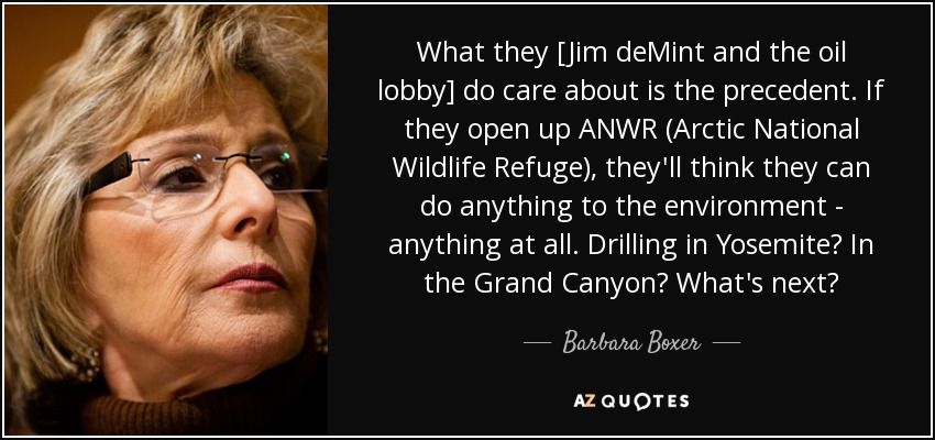 What they [Jim deMint and the oil lobby] do care about is the precedent. If they open up ANWR (Arctic National Wildlife Refuge), they'll think they can do anything to the environment - anything at all. Drilling in Yosemite? In the Grand Canyon? What's next? - Barbara Boxer