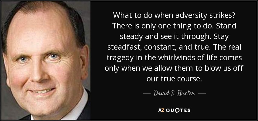 What to do when adversity strikes? There is only one thing to do. Stand steady and see it through. Stay steadfast, constant, and true. The real tragedy in the whirlwinds of life comes only when we allow them to blow us off our true course. - David S. Baxter