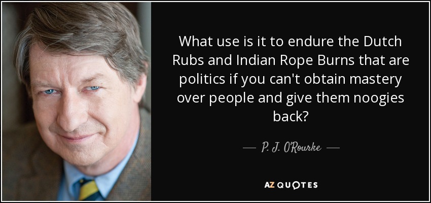 What use is it to endure the Dutch Rubs and Indian Rope Burns that are politics if you can't obtain mastery over people and give them noogies back? - P. J. O'Rourke