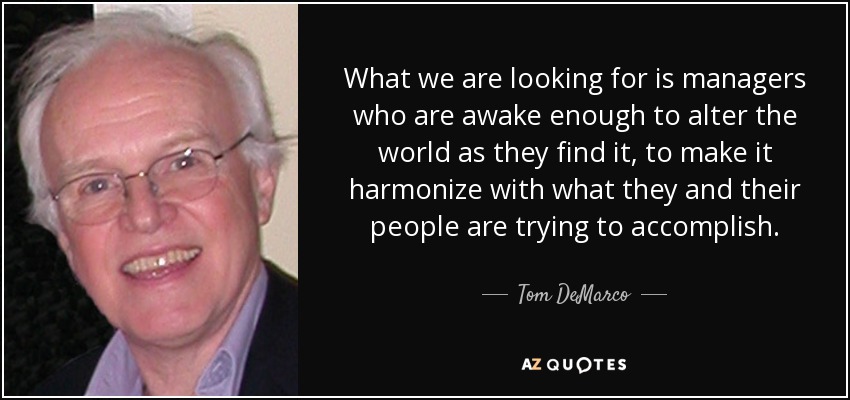 What we are looking for is managers who are awake enough to alter the world as they find it, to make it harmonize with what they and their people are trying to accomplish. - Tom DeMarco