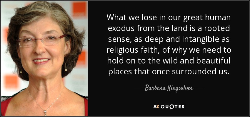 What we lose in our great human exodus from the land is a rooted sense, as deep and intangible as religious faith, of why we need to hold on to the wild and beautiful places that once surrounded us. - Barbara Kingsolver