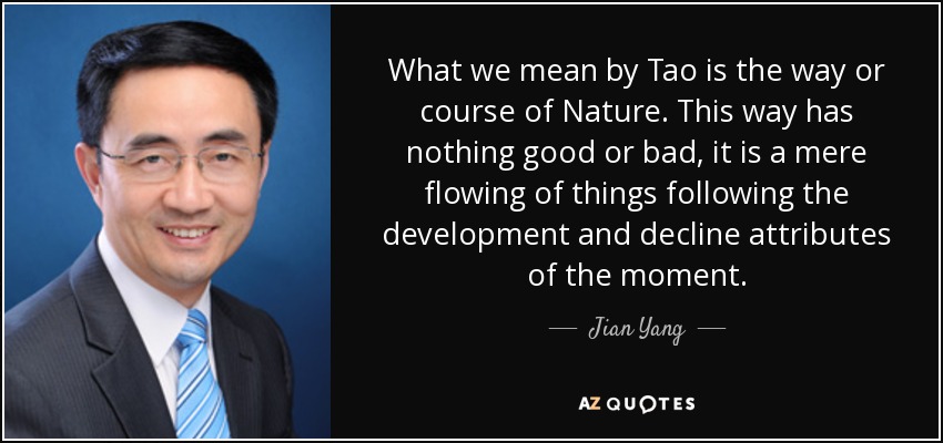 What we mean by Tao is the way or course of Nature. This way has nothing good or bad, it is a mere flowing of things following the development and decline attributes of the moment. - Jian Yang