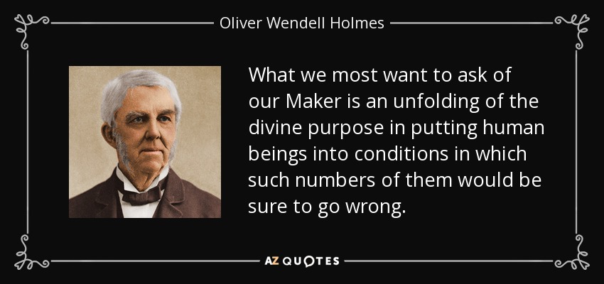 What we most want to ask of our Maker is an unfolding of the divine purpose in putting human beings into conditions in which such numbers of them would be sure to go wrong. - Oliver Wendell Holmes Sr. 