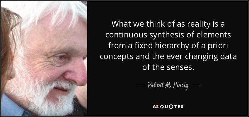 What we think of as reality is a continuous synthesis of elements from a fixed hierarchy of a priori concepts and the ever changing data of the senses. - Robert M. Pirsig