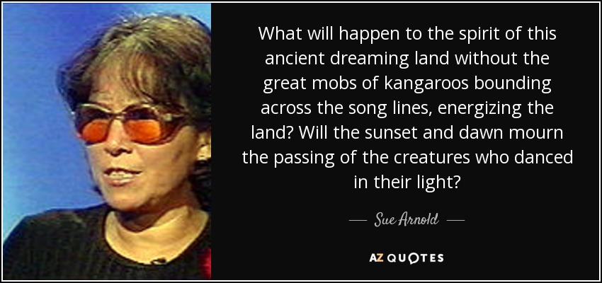 What will happen to the spirit of this ancient dreaming land without the great mobs of kangaroos bounding across the song lines, energizing the land? Will the sunset and dawn mourn the passing of the creatures who danced in their light? - Sue Arnold