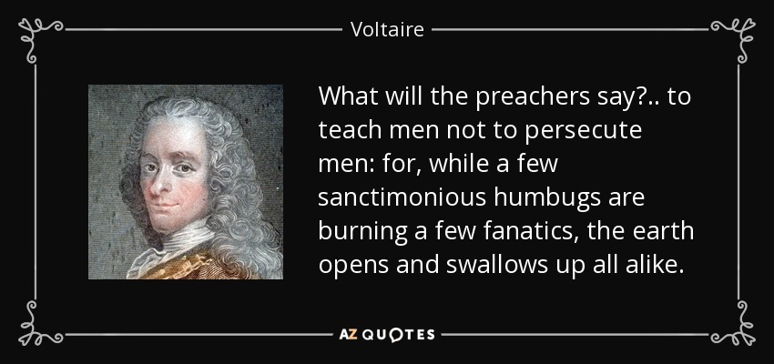 What will the preachers say? .. to teach men not to persecute men: for, while a few sanctimonious humbugs are burning a few fanatics, the earth opens and swallows up all alike. - Voltaire